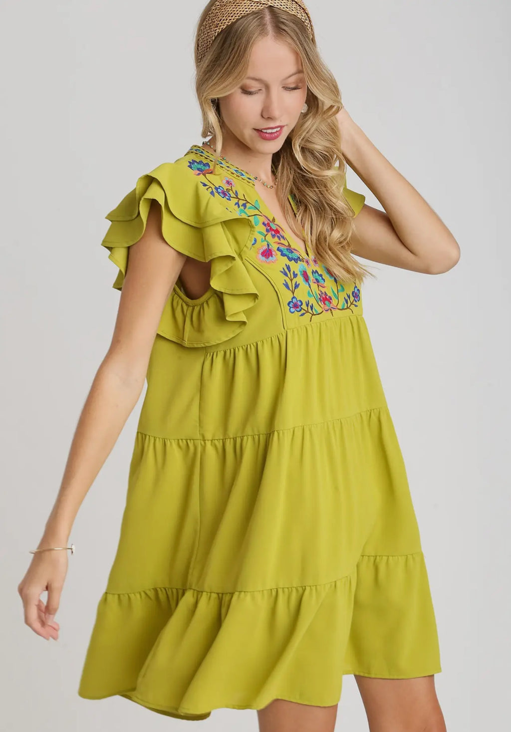 Embroidery Split Neck Tiered A-Line Dress